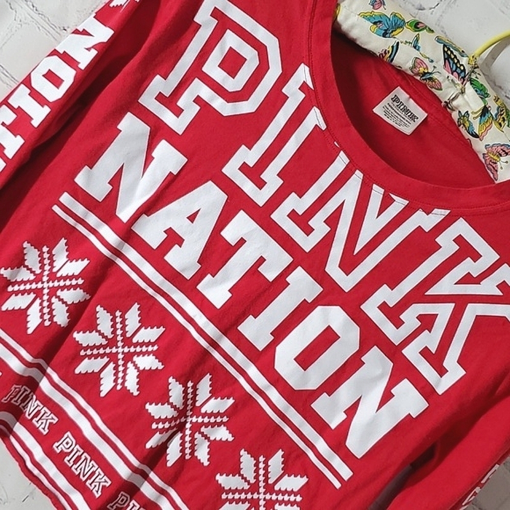 2017 Victoria's Secret PINK Red Holiday Long Sleeve Snowflake Crop Top Tee Sz XS - Picture 6 of 12